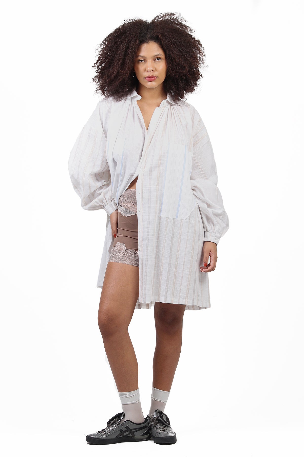 VESTIDO CHEMISE CAMPONESA CURTO SÉRIE LISTRADOS