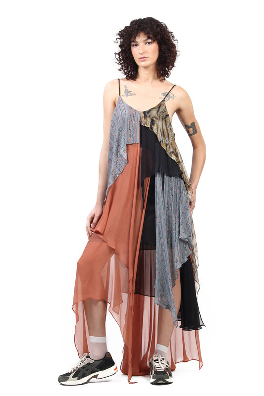 VESTIDO DE SEDA PATCHWORK FERRUGEM